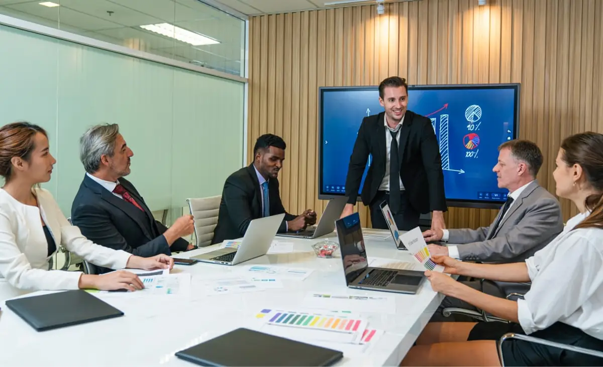 Group of professionals in a conference room with laptops and charts during a business presentation